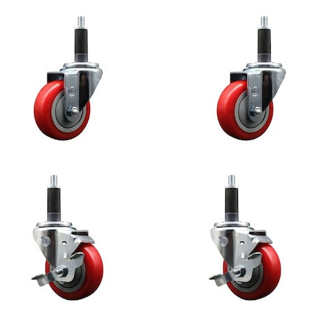 Service Caster 3.5'' Red Poly Wheel Swivel 1'' Expanding Stem Caster Set 2 Brakes, 4PK SCC-EX20S3514-PPUB-RED-2-TLB-2-1